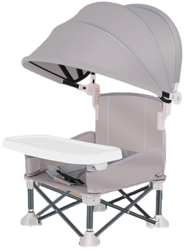 Foldable Baby Booster Seat Dining Chair with Detachable Sunshade Travel Portable with Removable Tray for Indoor Outdoor Sit Folding Booster Feeding/Camping Chair for Toddler Children's Day Gift(Grey)
