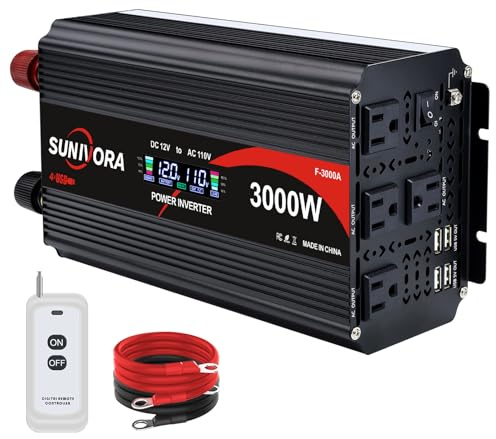 3000 Watt Power Inverter 12V to 110V/120V DC to AC Converter 6000W Peak, with Remote Control & LCD, 4 AC Outlets & 4 USB Ports Power Inverters for Vehicles Car Truck Boat RV Camping Solar System EPS