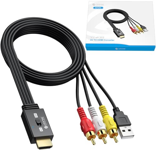 eSynic 1080P Convertitore RCA Maschio a HDMI Maschio con Cavi Integrati 150cm, Mini Adattatore Audio Video da CVBS Composito a HDMI Supporta 3D, Switch 4:3/16:9, per Lettori VCR VHS DVD
