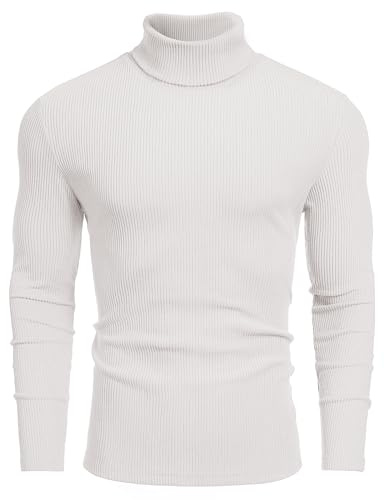 COOFANDY Jersey Cuello Alto Hombre Suéter Ceñido Punto Manga Larga Térmico Capa Blanco XL