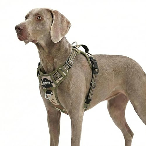 Funfox Dog Harness for Xlarge Dogs, No Pull Pet Vest Adjustable with Vertical Handle & Front Clip, Anti Pull Padded Harness Reflective Night Walking Size for X-Large Breed, Camo Green XL