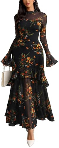 GothDark Women's Long Sleeve Bodycon Dress Black Sheer Mesh Round Neck Gothic Evening Gown Maxi Winter Wedding Guest Dresses
