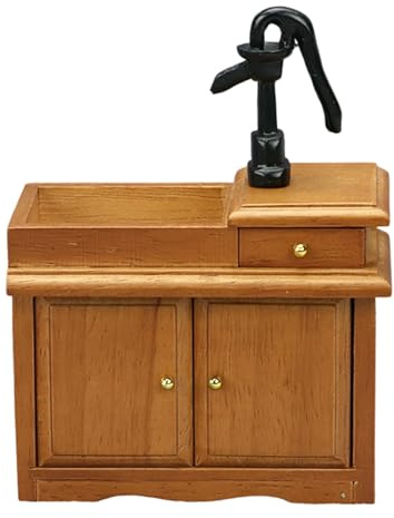 ZYMIADOU 1/12 Doll House Accessory Wooden Sink Model Figurine with Water Faucet and Functional Drawer for Kitchen Scene Setting Doll House Miniature Sink