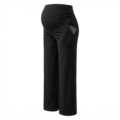 Zidoley Pantaloni Premaman da Donna a Gamba Larga, Comodi Pantaloni da Salotto, Morbidi Pantaloni Premaman a Palazzo con Tasche (Taglio Dritto, M, Nero)
