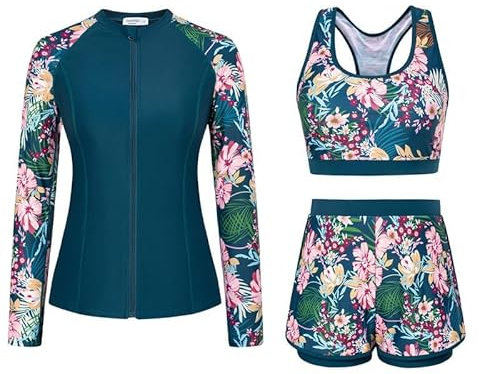 JASAMBAC Conjunto de 3 piezas Rash Guard Bañador Mujer Reductora Manga Larga Camisetas de Baño Parte Superior de Bikini y Pantalones Cortos de Baño de Cintura Alta con Cremallera Moda de Baño Traje de