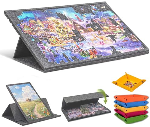 Puzzle Pieghevole,1000 Pezzi,Tavolo Per Puzzle,Tappetino Puzzle Portatile Con 6 Vassoi Di Colori Assortiti Con Supporto 2 In 1 e Copertura,Per Bambini, Adulti,Angolo regolabile,78x56cm,Grigio