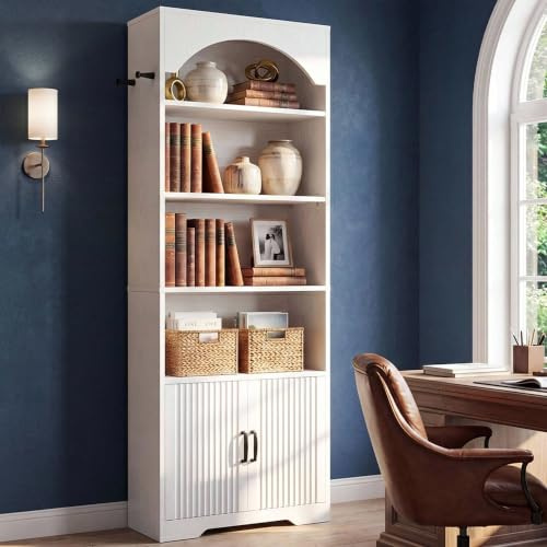 IRONCK Bookshelf with Doors, 180cm Tall Arched Bookcase and Bookshelves, 6-Tier Freestanding Display Book Shelf with 2 Hooks, Open Storage Shelf for Office, Living Room