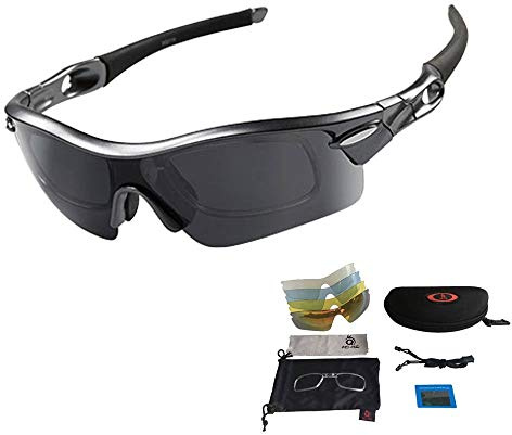 Occhiali da Sole Sportivi Polarizzati Occhiali Ciclismo da Sole con 5 Lenti Intercambiabili, Leggero e UV 400 Protezione per Corsa Guida Trekking Pesca Golf Unisex (Nero)