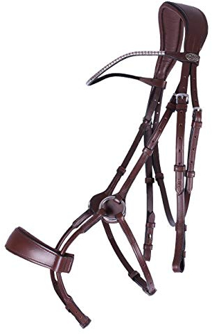 QHP Trense Pferd Sedna aus Leder | Verteilt den Druck | Anatomisch geformt | Extra breites Genickstück | Inklusive Gelpadding | Pflegeleicht (Warmblut, Braun)