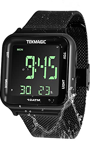 TEKMAGIC 10 ATM Waterproof Submersible Digital Watch with Stainless Steel Watch Strap, Support Stopwatch, Alarm Clock and Backlight Functions, Dual Time Display, 12/24 Hour Format