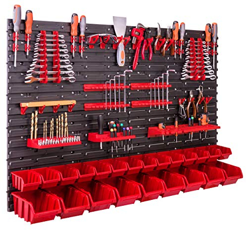 Lagersystem Wandregal 115x78 cm, Werkzeughalterungen, 23 stck. Stapelboxen Schüttenregal Sichtlagerkästen, Extra Starke Wandplatten, Regal Erweiterbar, Werkstattregal Lagerregal Werkstattwandregal St