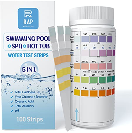 5 in 1 Water quality testing strips for hot tubs, swimming pools or spas. Easy, accurate and quick detection of pH, Free Chlorine/Bromine, Total Alkalinity, Cyanuric Acid and Total Hardness. 100 count