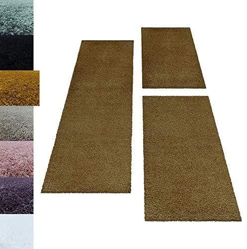Carpettex Bettumrandung Schlafzimmer 3teilig Shaggy Teppich Hochflor Einfarbig Gold Bettset:2 mal 80x150 + 1 mal 100x200 - Bettvorleger Schlafzimmer Läufer Set Weich Flauschiger Bettumrandung Teppich