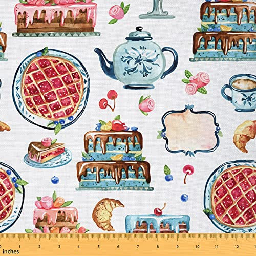 Tissu décoratif imprimé gâteau par The Yard Cherry Blueberry Fruits Rose Plante Intérieur Extérieur Tissu d'ameublement rétro dessiné à la main pour matelassage, couture, arts créatifs, 9,1 m