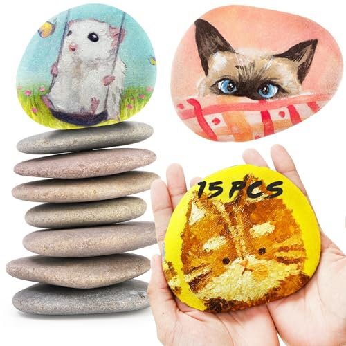 Mezchi 15 Pack Large Flat Rocks for Painting, 8-12 CM Rock Painting Kit, Paintings Rocks for Arts & Crafts, Smooth Painting Stones, Family Time, Kid's Party