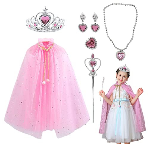 TSHAOUN Cape de Princesse Enfant, 6 Pcs Filles Costumes de Princesse avec Couronne, Baguette, Collier, Bague, Boucles D'oreilles, Déguisement Princesse pour Fêtes, Jeux de Rôle, Halloween (Pink)