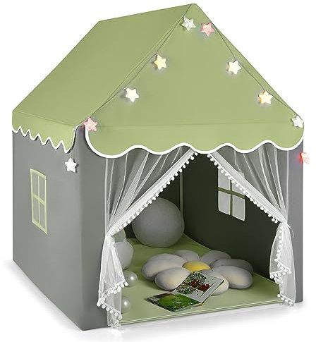 GYMAX Kids Tent, Fairy Play Castle with Washable Mat, Star Lights & Windows, Outdoor Indoor Children Playhouse Tents for Girls Boys Gift (Green)
