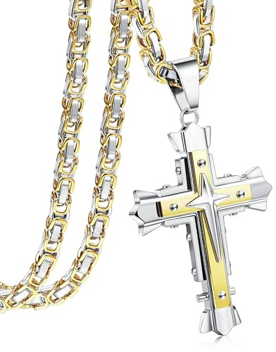 CASSIECA Croce Catena Uomo Acciaio Inossidabile Catene Bizantine Ciondolo Croce per Uomo Collana di Gesù Catena Oro 71cm