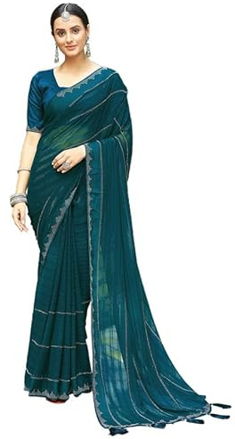 Satrani Sari da donna in georgette con bordo e bordatura bordata con camicetta non cucita, Blu Mare Scuro, taglia unica
