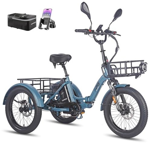 Fafrees E Bike Dreirad 20 Zoll, E Bike 3 Rad Lastenfahrrad 48V 21Ah Akku, Elektro Dreirad für Senioren Klappbar 65N.m 25km/h, F20 Mate (Vorderer Korb + Kleiner hinterer Korb, Blau)
