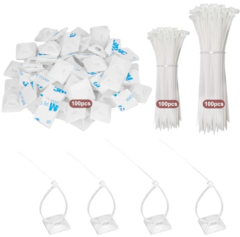 200 Stück Kabelbinder Weiß Set 120mm/150mm und 100 Stück Kabelhalter Selbstklebend, Nylon Klebesockel Halter für Kabelbinder, Kunststoff UV Beständig Basishalter für Kabelbefestigung