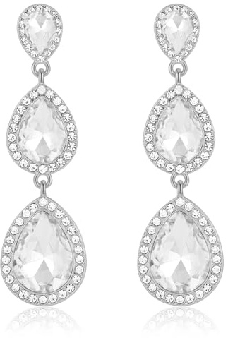 Silver Clear Rhinestone Teardrop Earrings Vintage Crystal Long Dangle Drop Earrings for Women Wedding Prom Costume