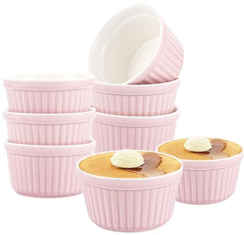 SHUESS 6 Stück 200 ml Creme Brulee Schälchen, Tarteformen & Quicheformen, 9x5cm Souffle Förmchen zum Backen, Souffleeförmchen Backofenfest, Ofenfeste Creme Brulee Schalen, Quiche Backform Weiß Rosa