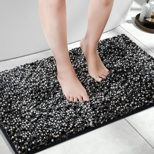Yimobra Rutschfester Chenille Badezimmerteppich Flauschig und luxuriös Extra weiche, wasserabsorbierende Plüschmatte für Boden und Waschbecken Maschinenwaschbar, Schwarz & Dunkelgrau, 45 x 71 cm