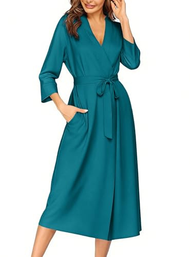 Ekouaer Dressing Gown Women Lang Summer 3/4 Sleeves Casual Sauna Bathrobe Blue Green M