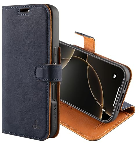 Snakehive Leather Wallet for iPhone 16 - Real Leather Wallet Phone Case with Viewing Stand and Card Holder - Flip Folio Cover with Card Slots (Navy)