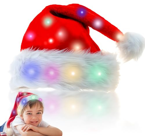 Sporgo Gorro de Navidad con led: gorro de Papá Noel para niños con luminoso, gorro de Papá Noel rojo con borde de pelo grueso, gorros de Navidad para Navidad, Año Nuevo, fiestas, regalo de Año Nuevo