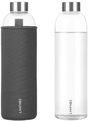 LOOFORE Glasflasche 1 liter / 1l, Wasserflasche Glas 750ml 1000ml inkl. Neoprenhülle, BPA freie, Trinkflasche Spülmaschinenfeste, Water Bottle für kohlensäurehaltige Getränke