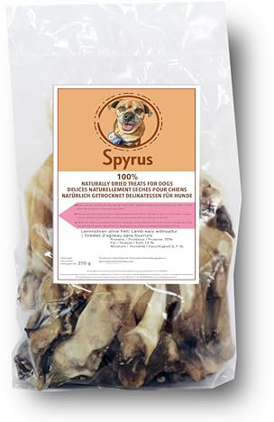Spyrus Lamm Ohren ohne Fell Hunde Snack,Naturprodukt für Hunde,Ideal für Zahnreinigung, Kausnack, Reich an Vitaminen & Mineralien|Snack für zwischendurch(250g)