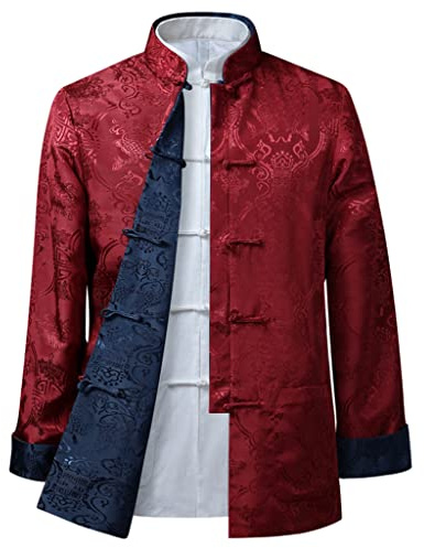 MOKLYF Costume Tang pour Hommes, Veste réversible, vêtements Traditionnels Chinois, Chemise de Kung Fu, Uniforme à Manches Longues(Rouge1-4X-Large-5X-Large