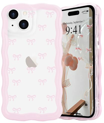 L-FADNUT Bow Case for iPhone 14, Curly Wavy Frame Cute Girly Ribbon Pretty Phone Case, Soft Wave Clear Slim Silicone Shockproof Anti-scratch Cover for Women Girl