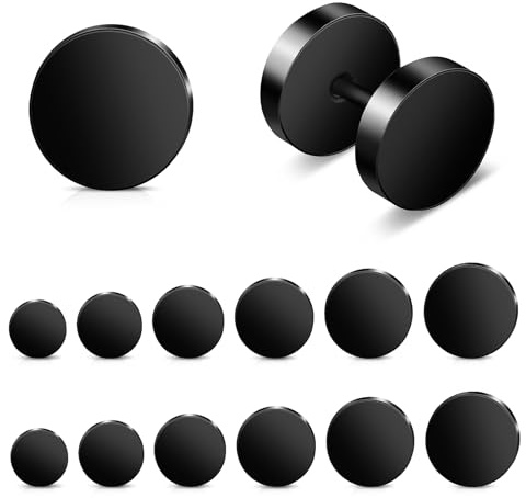6 Pairs Black Stud Earrings for Women & Men - Flat Back Surgical Steel Ear Studs 4mm 5mm 6mm 7mm 8mm 10mm - Minimalist Everyday Earrings