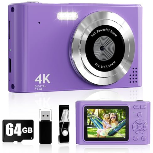 Cámara digital 2025, cámara para niños 1080P, cámara de vlog con tarjeta de 32 GB, zoom 16X antivibración, lector de tarjetas, cámara compacta portátil de 44 MP, regalo morado para niños, estudiantes