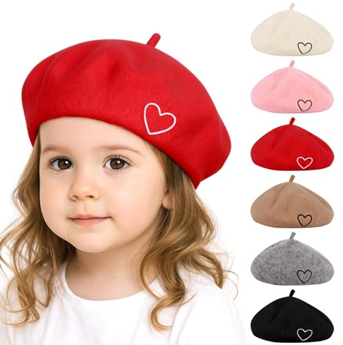 Kunyeah Wolle Barett Hut für Frauen Baby Französisch Stil Beanie Hut weich Bestickt Herz warme Mütze Mutter Tochter Matching Hüte