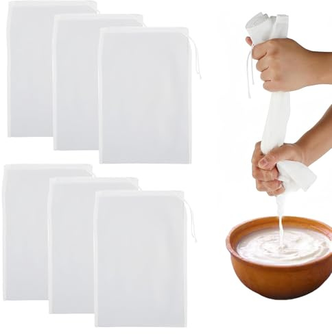 Nussmilchbeutel, 6 Stück 30X20CM Passiertuch Wiederverwendbar,Passiertuch und Knödeltuch,FeingewebtPassiertuch Nylon,Nut Milk Bag,Nussmilchbeutel Bio Waschbar,Käsetuch,Mit Kordelzug für Nussmilch Käse