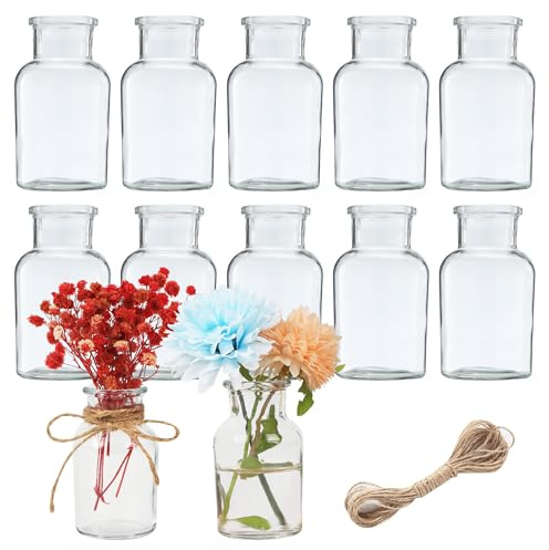 12 Vaso Fiori Piccoli,125 ML Mini vasi in vetro,Viene fornito con corda di iuta,Vaso Fiori Vetro,per uso domestico,decorazioni per Decorazione da Tavolo Matrimoni Feste,Lavabile in lavastoviglie