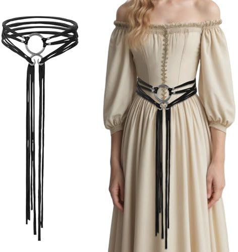 Abeillo Cintura lunga in corda medievale vichinga troll da donna, cintura a croce Ren Faire, cintura in corda da strega, accessori medievali da donna (nero)