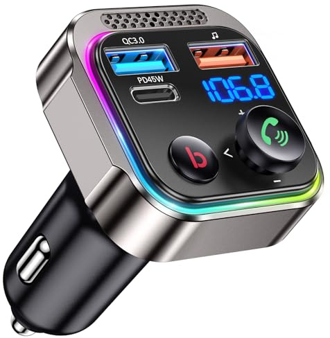 GizmoVine Bluetooth Auto, Trasmettitore FM Bluetooth 5.4 63W (PD 45W e 18W) Doppia Porta USB di Ricarica Adattatore Auto, Radio Ricevitore Wireless, Chiamate in Vivavoce, Supporto Unità USB 64GB