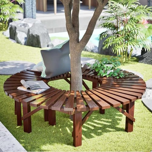 Gaommini Bancos de jardín de Madera, Banco de árbol Redondo semicircular para Exteriores, Banco de Parque Envolvente para Asientos de Ocio con Listones de Patio, Soporte para Plantas(Half Round)