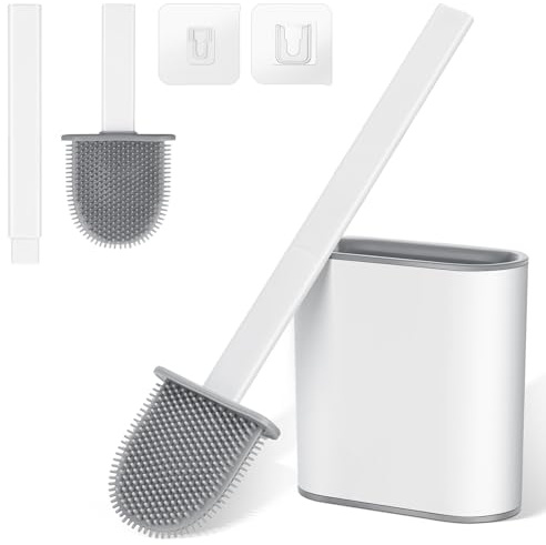 Romon Escobilla Baño Silicona, Cepillo WC Blanco con Cabeza de Caucho, Montaje en Pared Sin Taladro, Escobillero Incluido, Ideal para Baño y Autocaravana