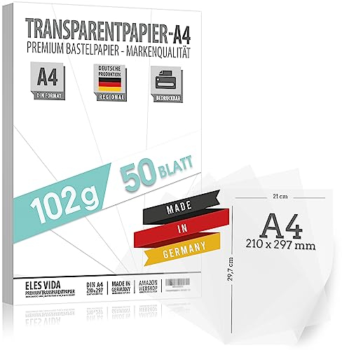 50 Blatt Blatt Transparentpapier bedruckbar DIN A4 PREMIUM 102g zum selber Bedrucken, Basteln Laternenpapier – Abpauspapier – Pauspapier, Tischkarten und Laternen selber basteln aus deutschland