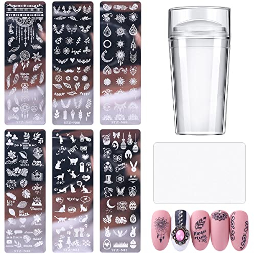 Nail Art Plates, 6 Stück Nagel Stamping Schablonen mit 1 Stück Transparent Stempel, 1 Stück Schaber, Nail Art Stamping Nail Print Stamper Pflanzen- und Tiermotive Maniküre DIY