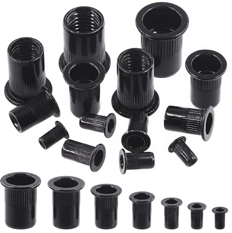 Rustark 100 tuercas de remache M8 SAE de acero al carbono chapado en zinc negro tuercas de remache moleteadas de cabeza plana tuercas de inserción roscadas