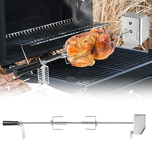 JOIEYOU Grillspieß mit Motor, Universal Drehspieß für Gasgrill mit 4 Fleischnadeln, Grillspieße Edelstahl Fleischklammer