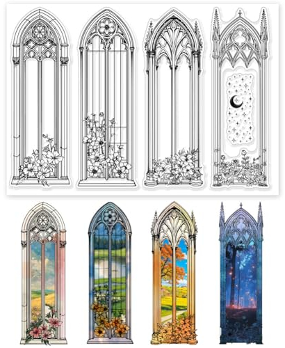 GLOBLELAND Vintage Gothic Windows Transparente Stempel Blumen Lesezeichen Transparente Stempel Sparkle Moon Silikonstempel Für DIY Scrapbooking Fotoalbum Dekorative Karten Herstellung 8.27x5.83 Zoll