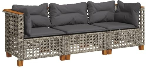 vidaXL Gartensofa 3-Sitzer, Gartensessel mit Kissen, Modular Loungesofa für Garten Terrasse, Sofa Garnitur Gartenmöbel, Grau Poly Rattan